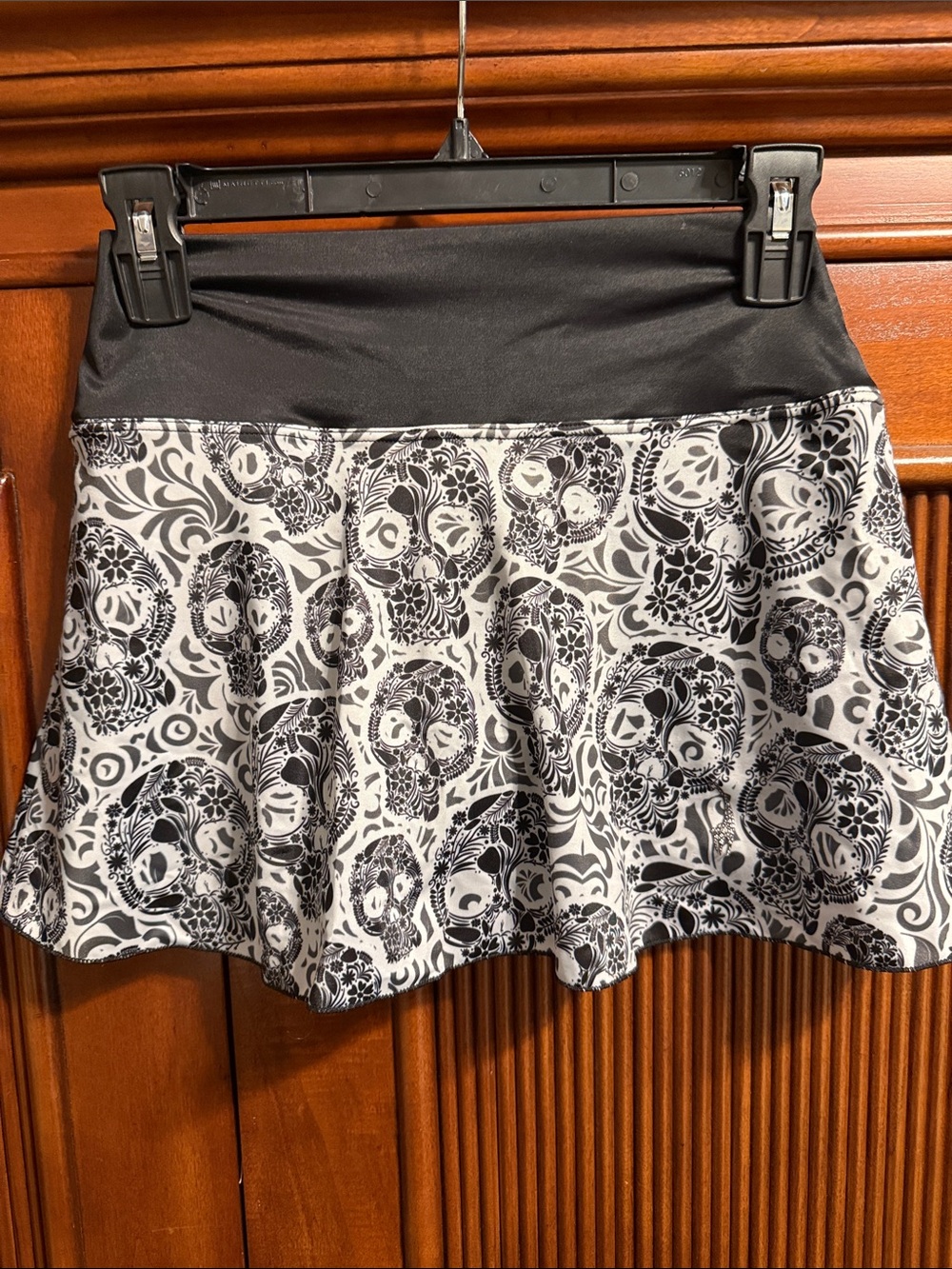 Black & White Skull-Print Circle Skirt with Stretch Waistband